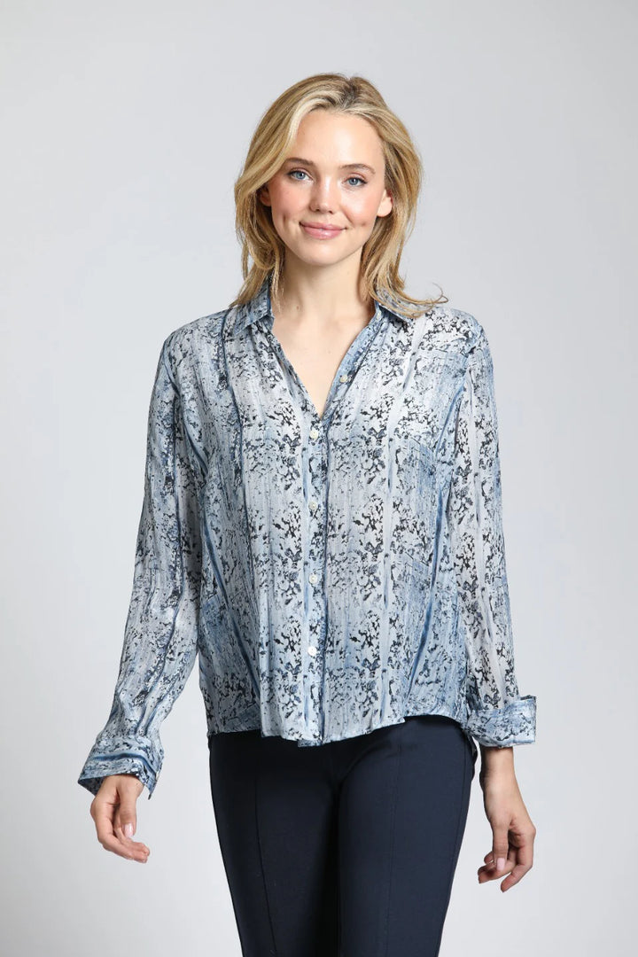 Button Animal Print Top - Button Up With Roll Up Sleeve Front