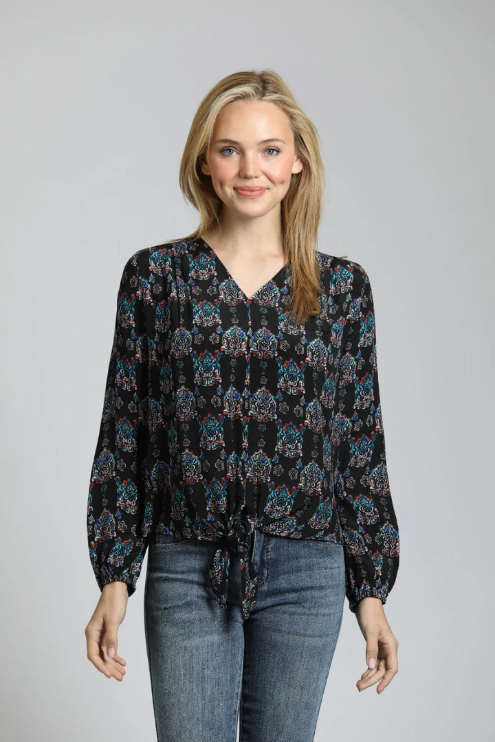 Ornamental Medallion Print - V Neck Tie Front Top 1