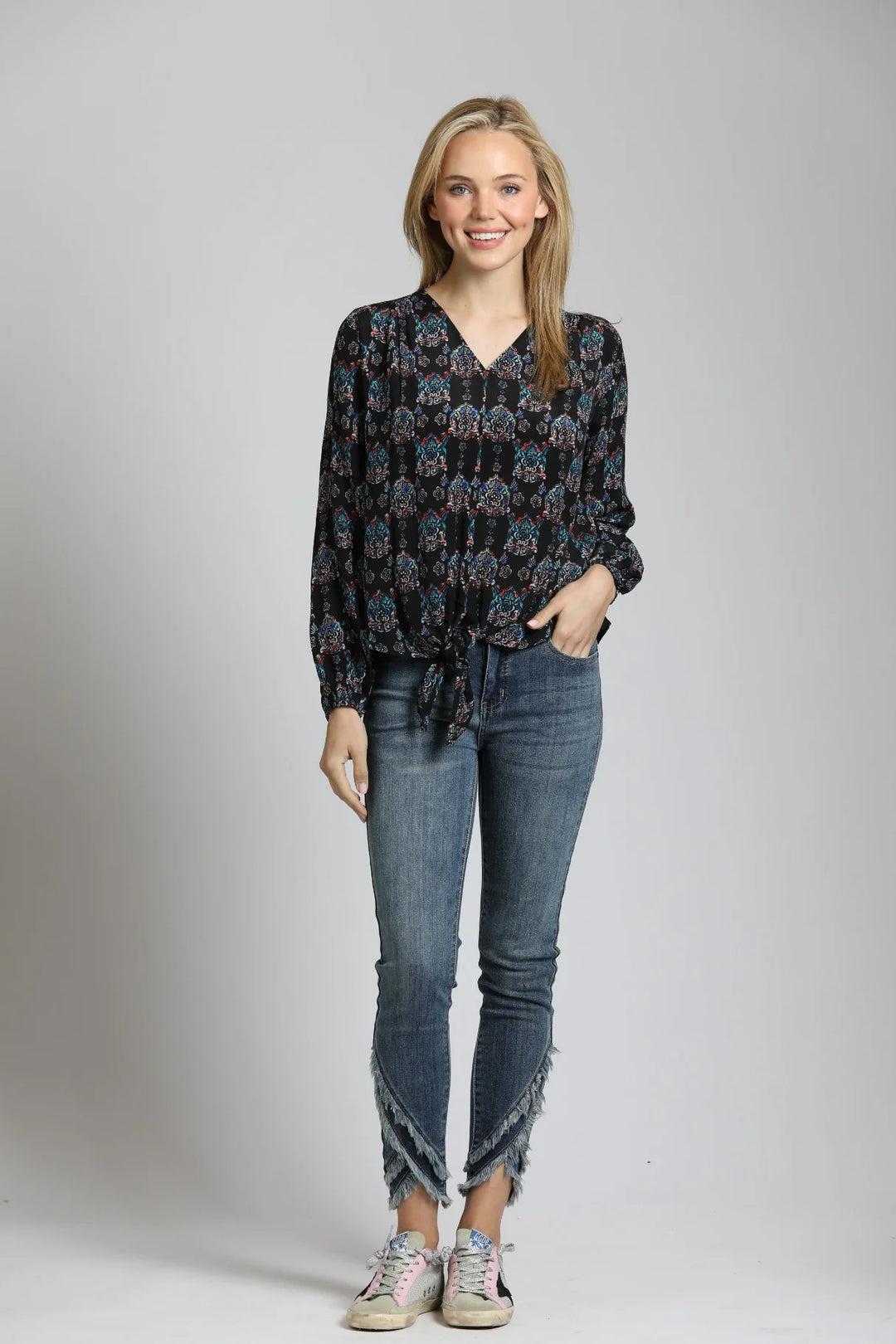 Ornamental Medallion Print - V Neck Tie Front Top 2