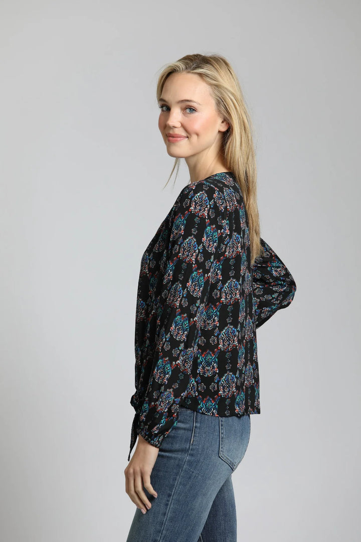 Ornamental Medallion Print - V Neck Tie Front Top 3