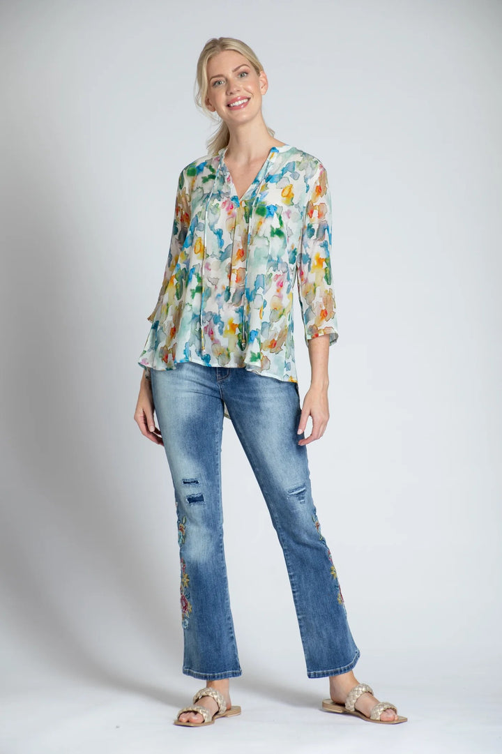 APNY Desert Dyes Watercolor Print V-Neck With Tassel Full