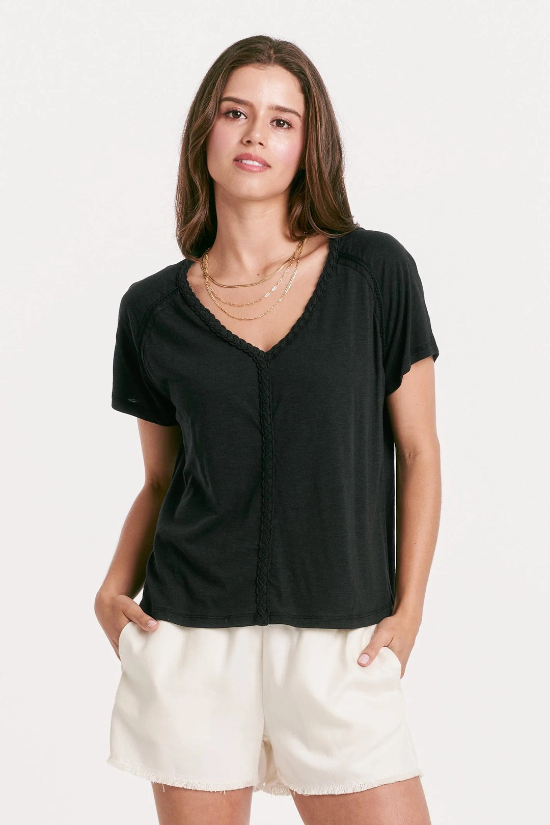 Another Love Raya Braid Trim Slubby Top Black Front