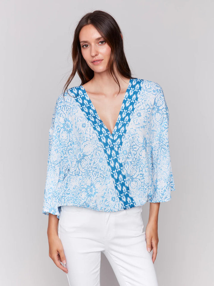 Printed Overlap Blouse - Denim 1