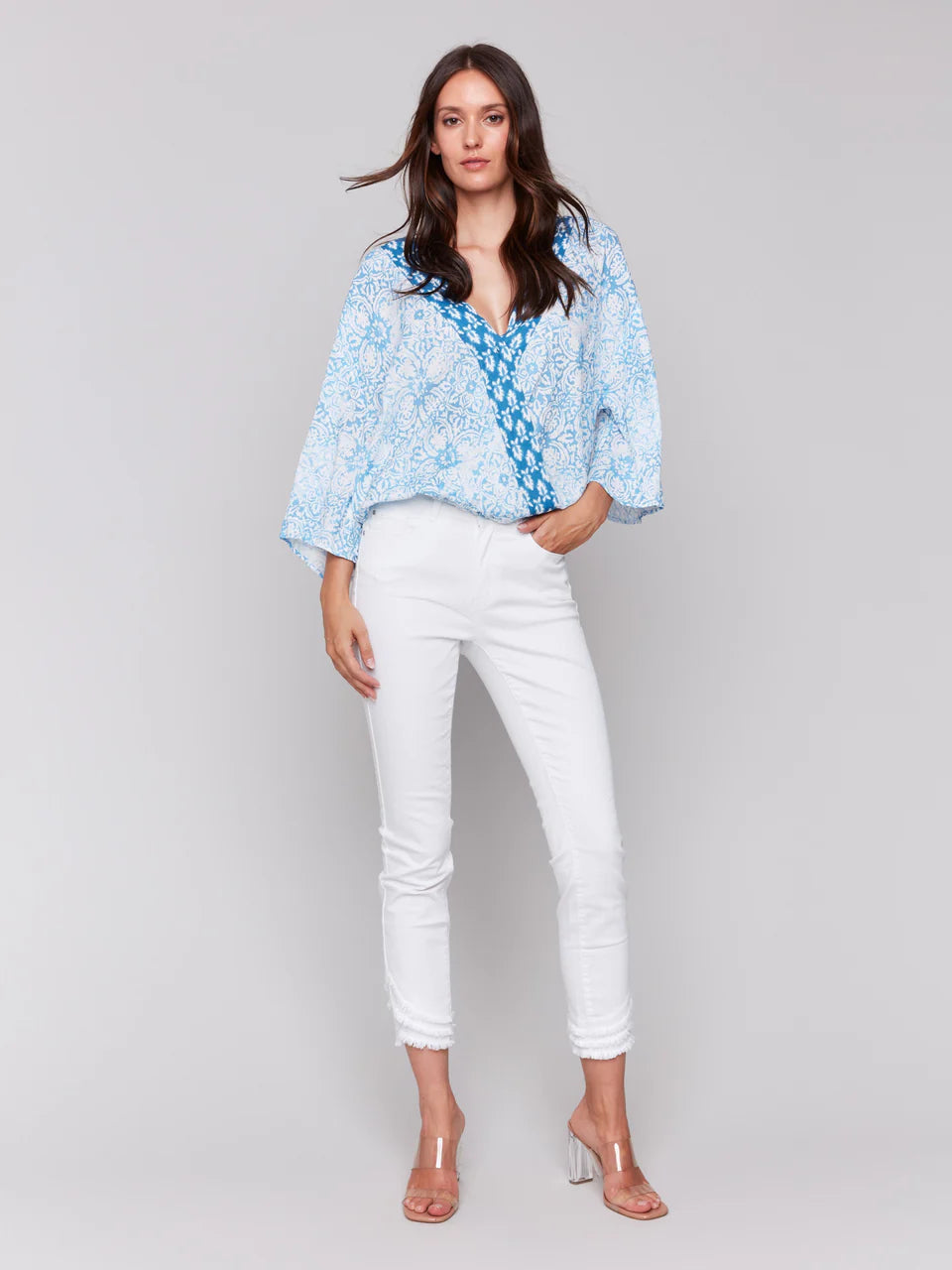 Printed Overlap Blouse - Denim 2