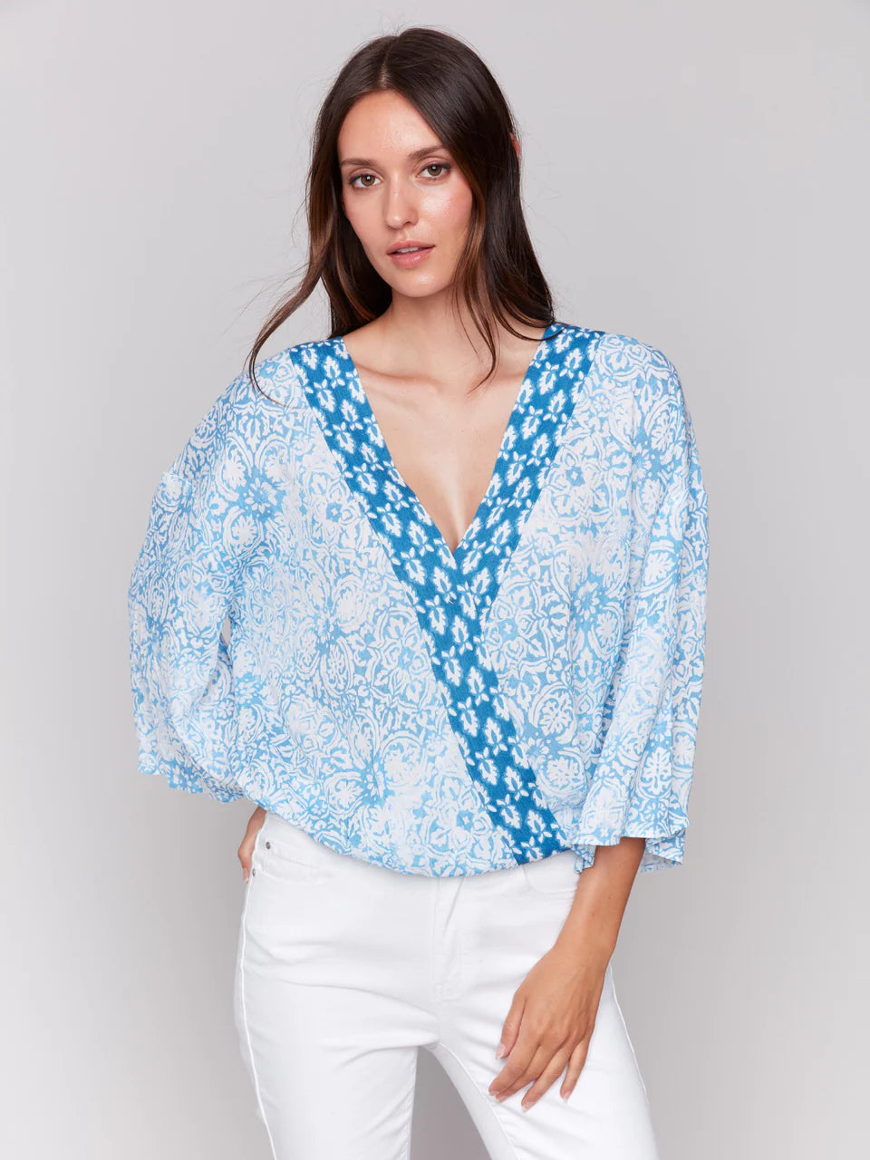 Printed Overlap Blouse - Denim 3