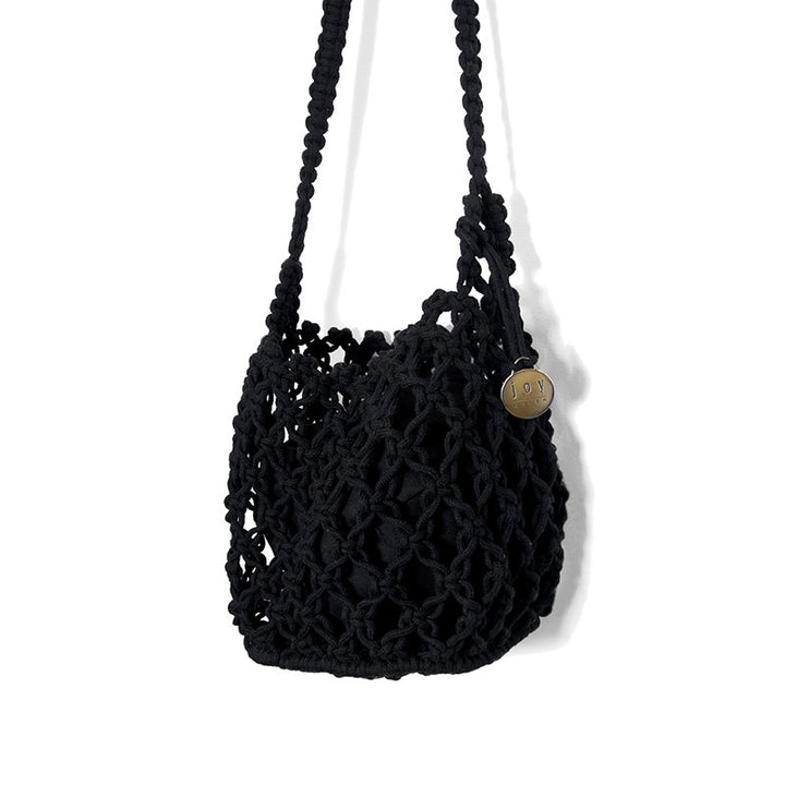 Birdie Macrame Crossbody Tote Black, Back.