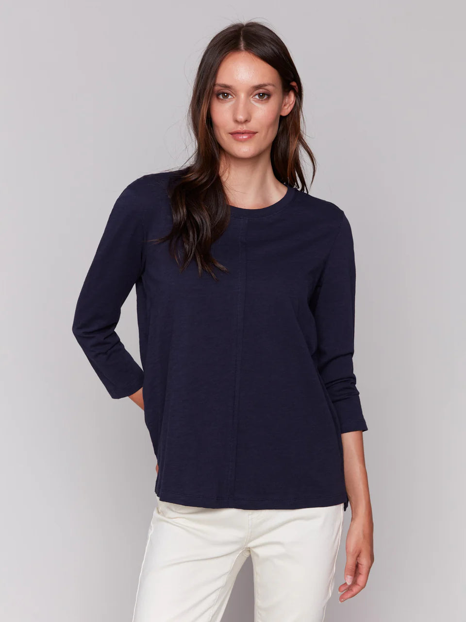 Organic Cotton Slub 3/4 Sleeve Top - Navy 1