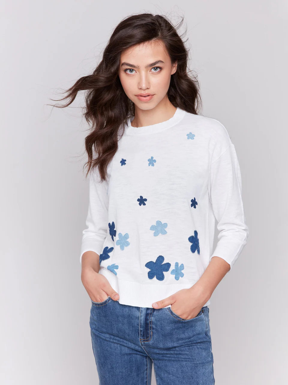 Floral Denim Patch Cotton Sweater - Patches 1