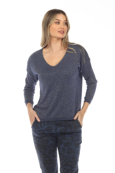 Lurex V-neck Top Navy Front