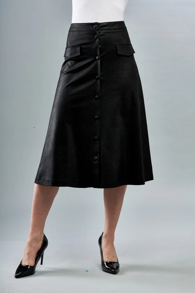  Vegan Leather Button Front Skirt