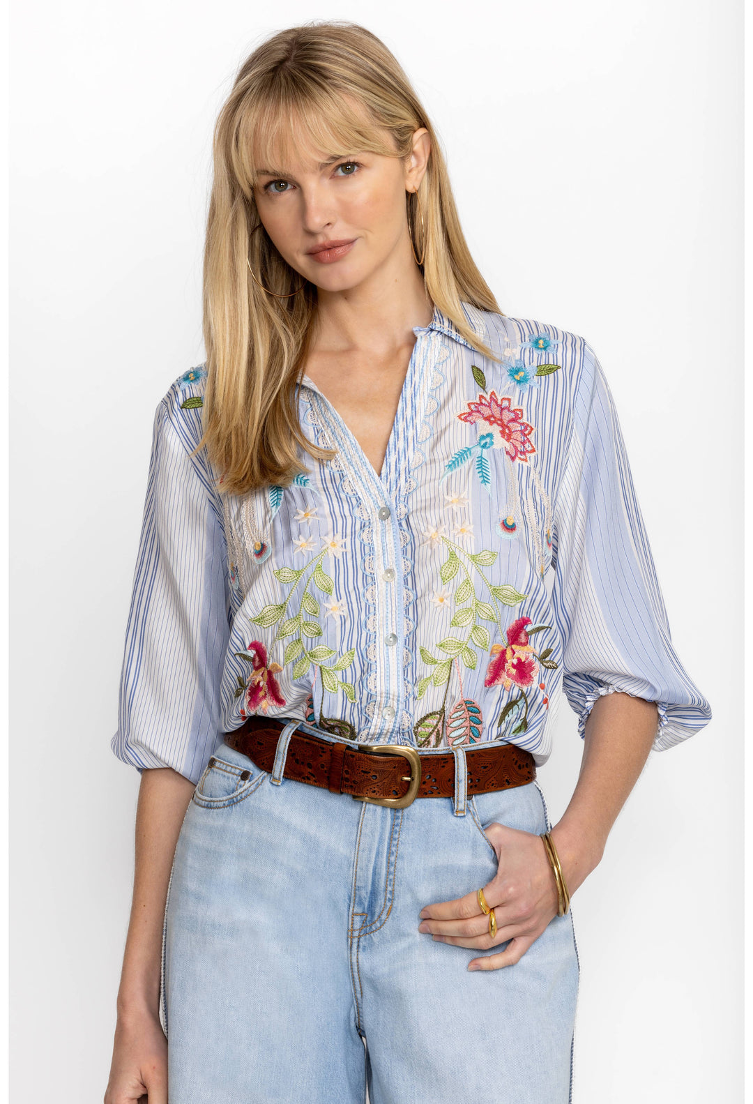 Johnny Was Emika Relaxed Smocked Shirt Front