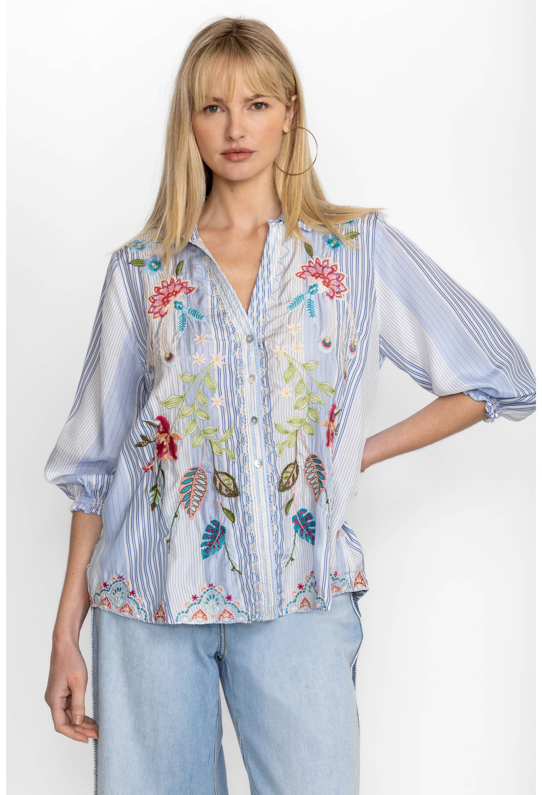 Johnny Was Emika Relaxed Smocked Shirt Full