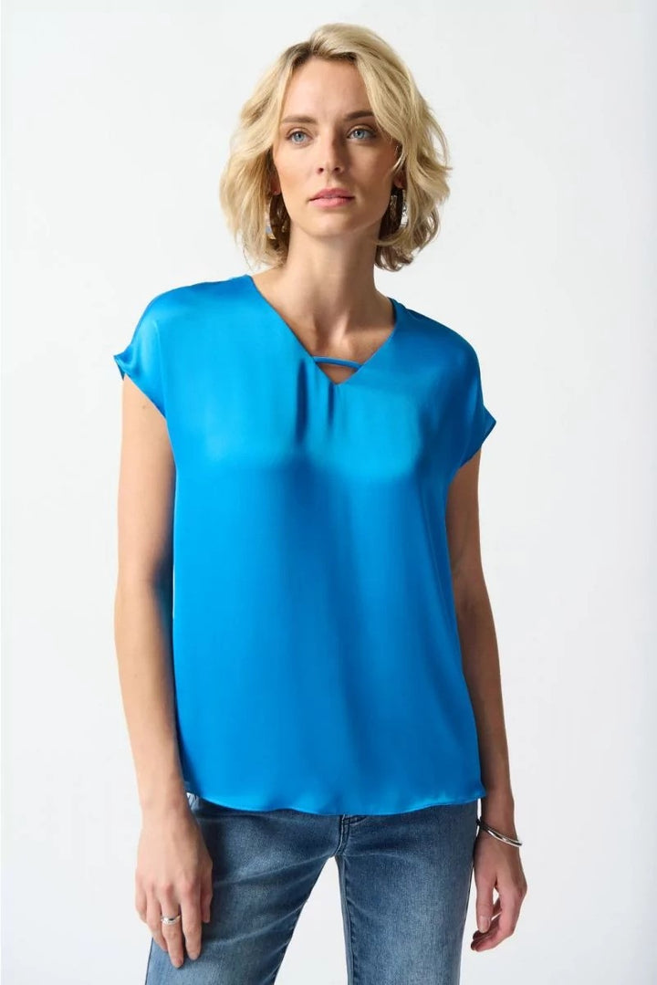 Joseph Ribkoff Short Sleeve Satin Top French Blue Style 242123