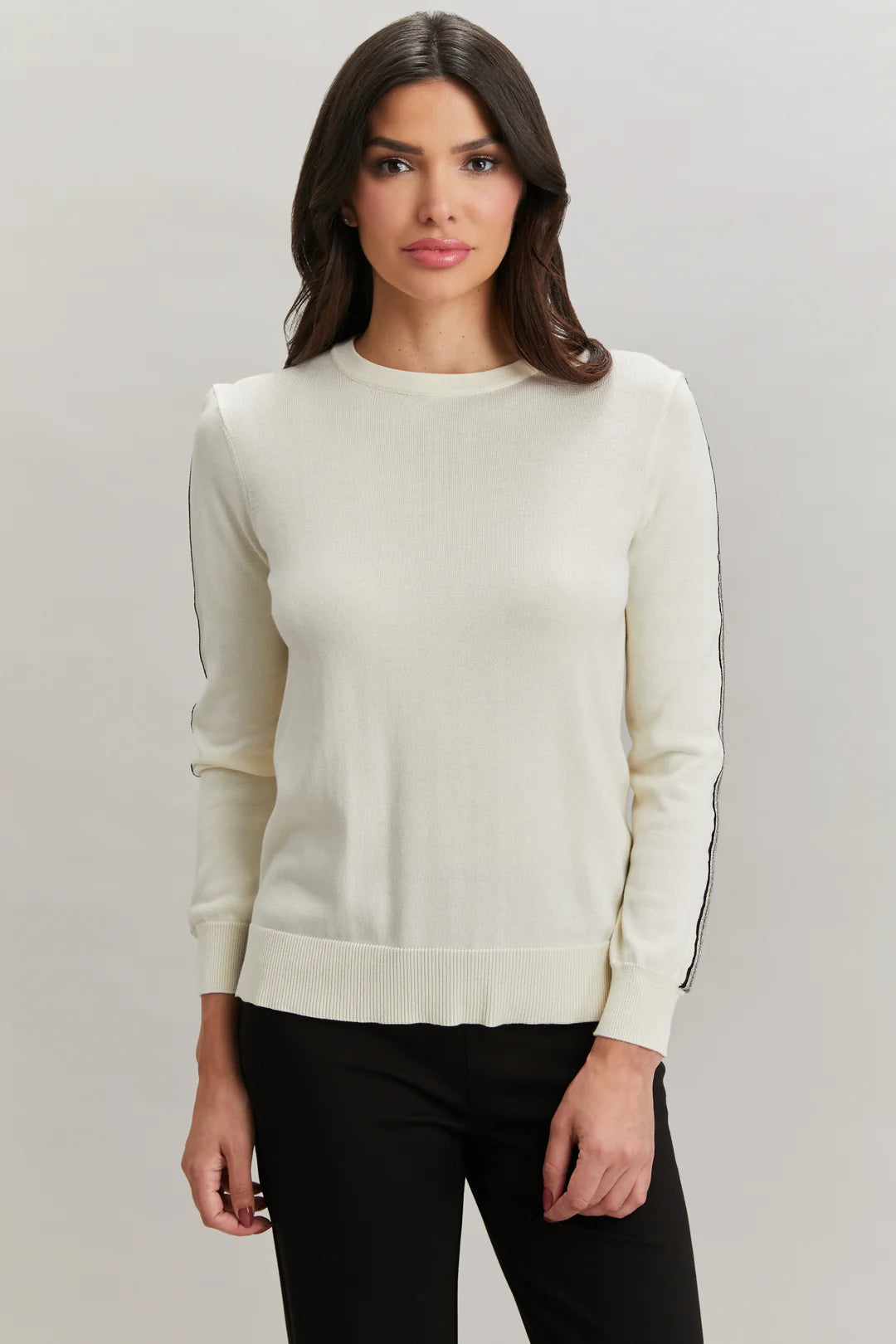 Ribbon Trim Sleeve Crewneck Ivory 1