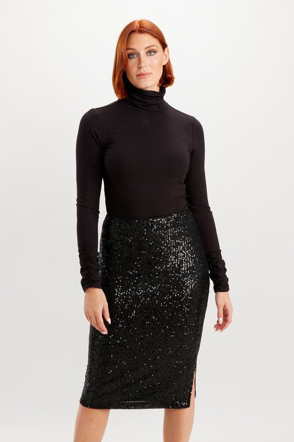 Sequin Pencil Skirt Style 234259 Black Gunmetal Front.