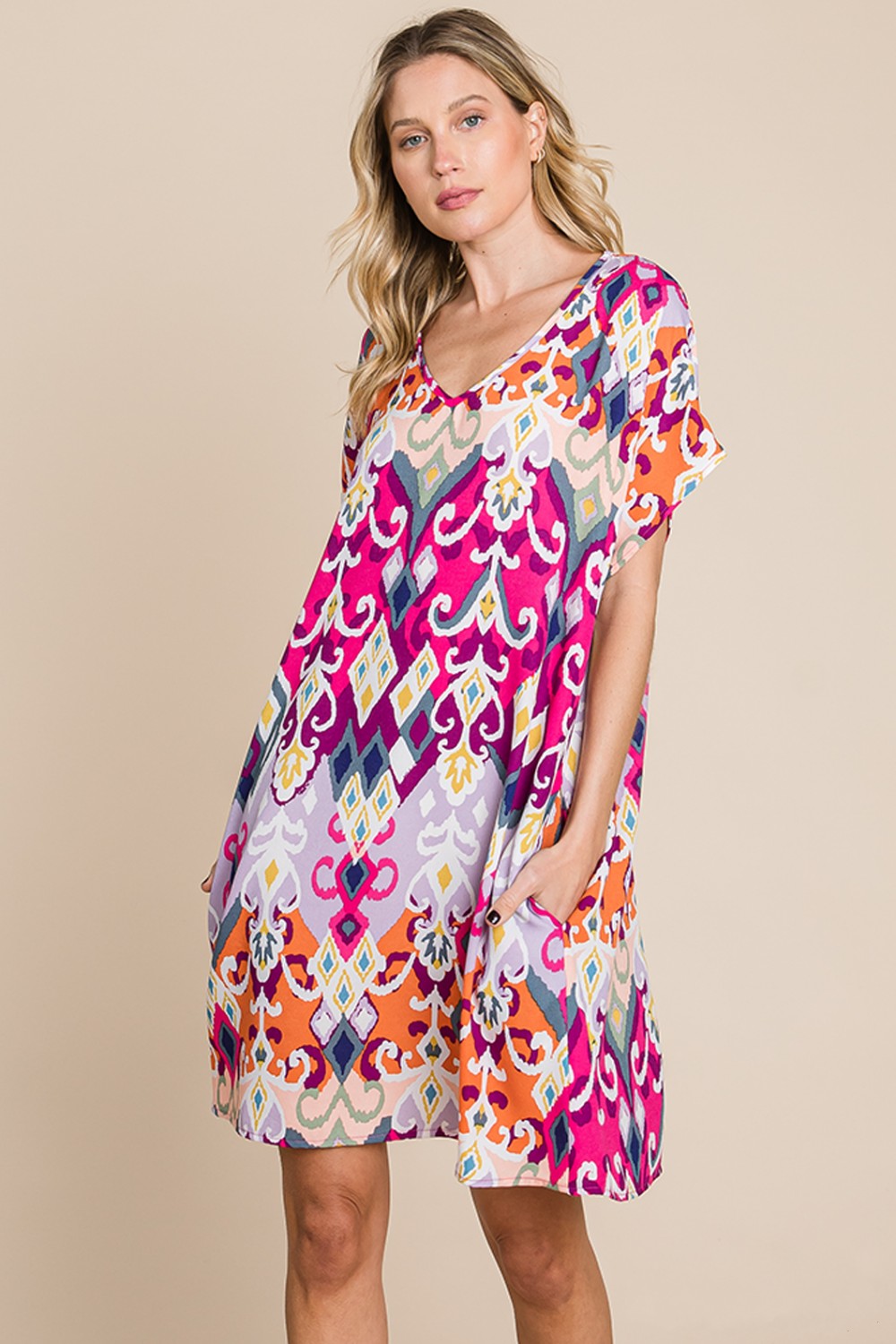 Printed V-neck Dress Front Full.