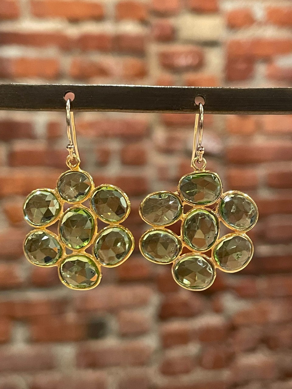 Rose Cut Peridot Cluster Earrings Front.