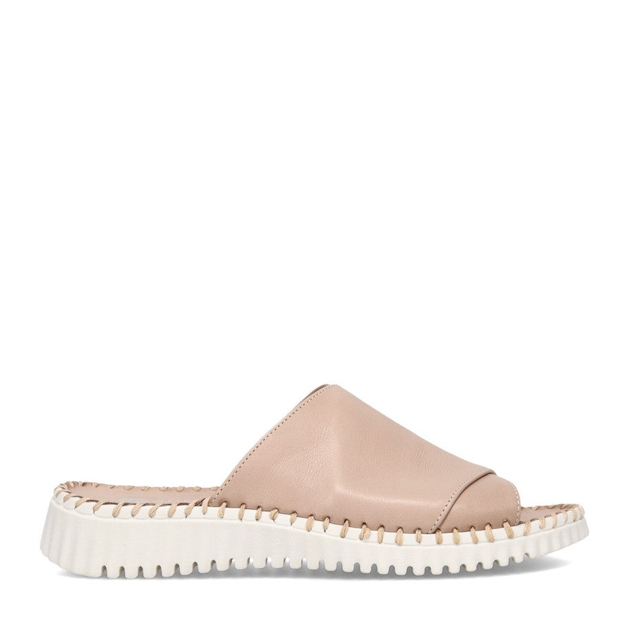 Eric Michael Gloria Leather Slide Sandal Taupe Side.