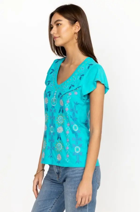 Johnny Was Oriel Flutter Sleeve Tee Blue Bird Side.