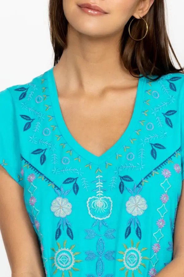 Johnny Was Oriel Flutter Sleeve Tee Blue Bird Neck Detail.