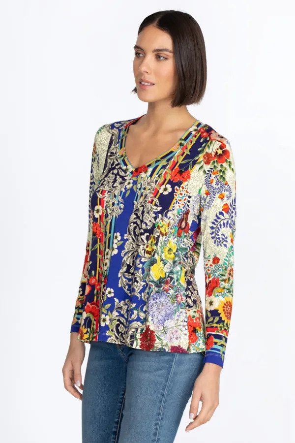 Johnny Was Wild Flower Favorite Long Sleeve V-Neck Swing Tee Side.