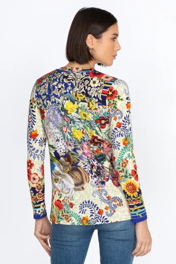 Johnny Was Wild Flower Favorite Long Sleeve V-Neck Swing Tee Back.