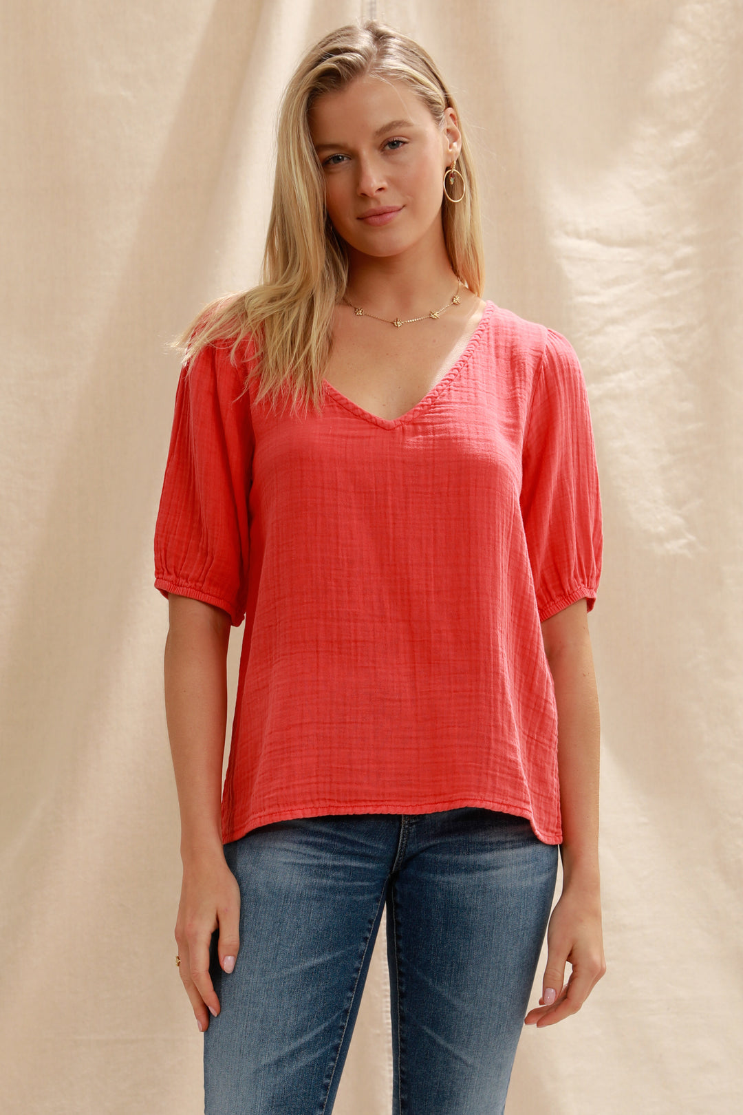 Mododoc Half Puff Sleeve Top in Papaya, Front