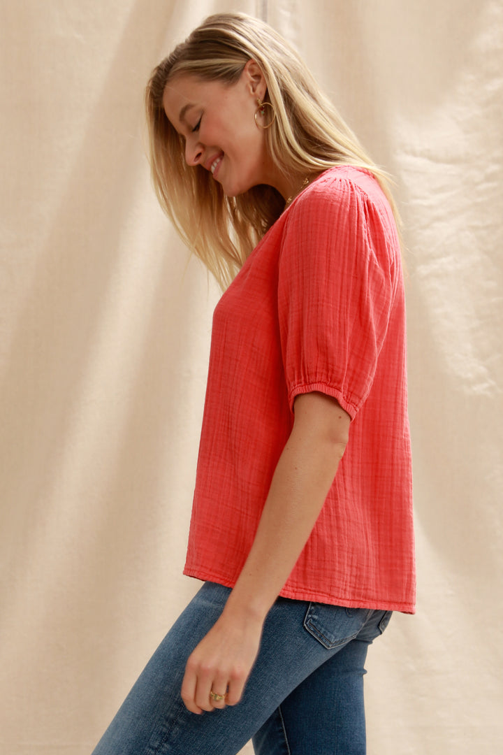 Mododoc Half Puff Sleeve Top in Papaya,  Side.