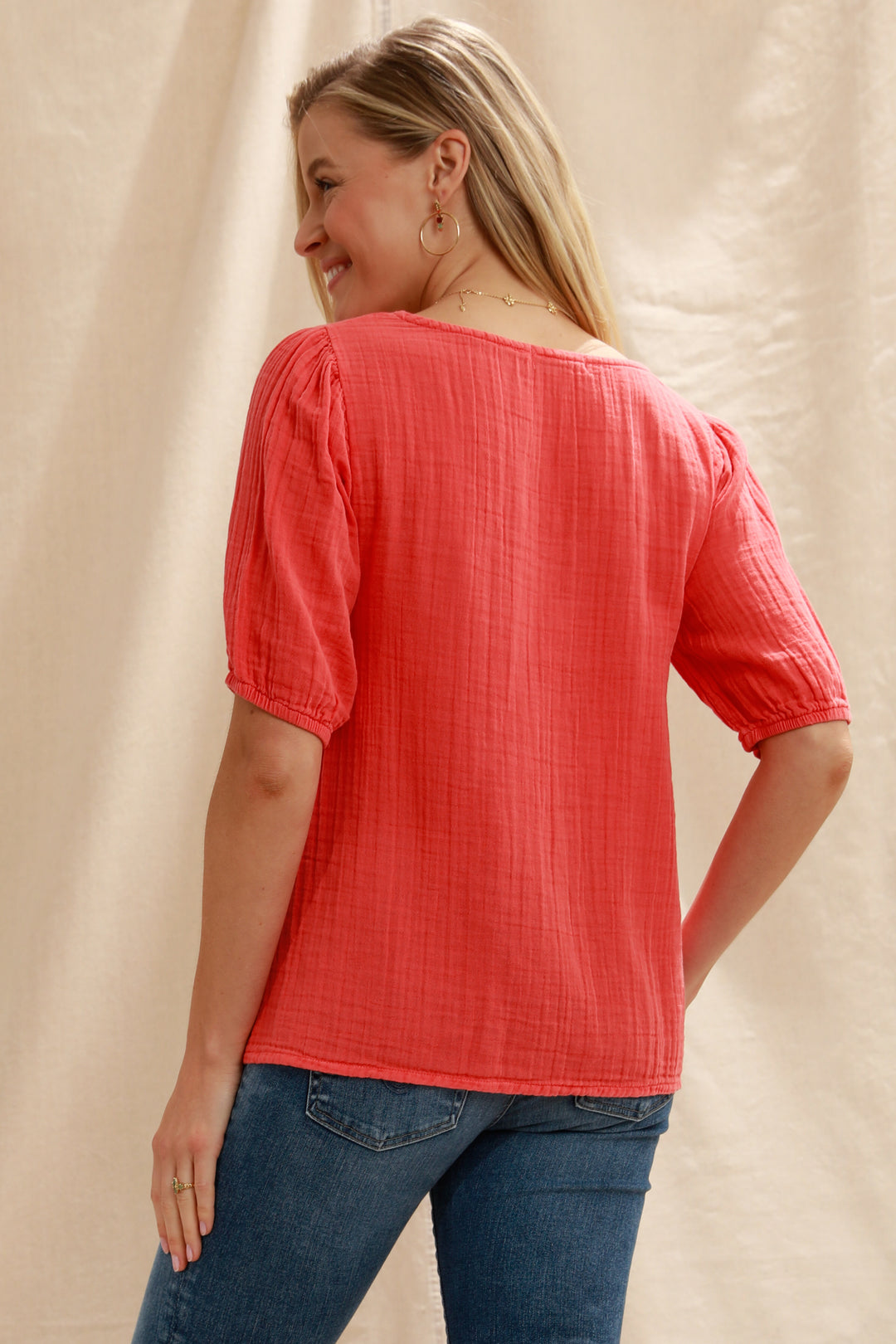 Mododoc Half Puff Sleeve Top in Papaya, Back.